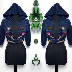 Free People Blue Cropped Knit Hooded Sweater - S